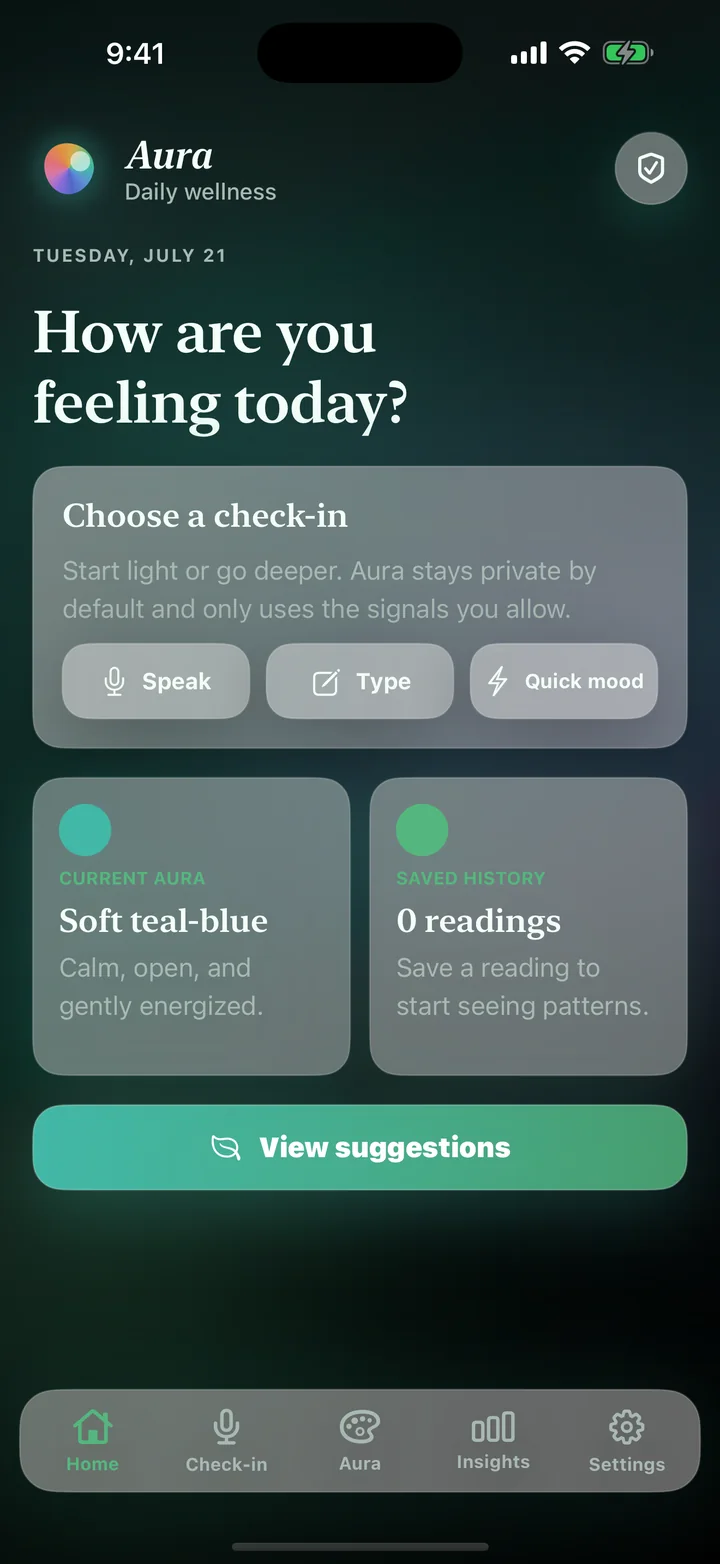 Aura home screen on iOS