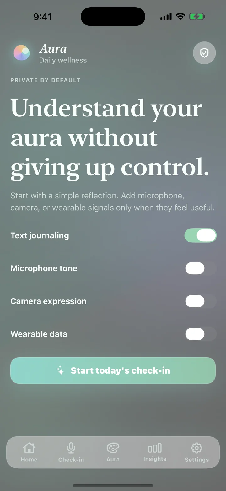 Aura iOS onboarding screen showing optional journal, microphone, camera, and wearable controls