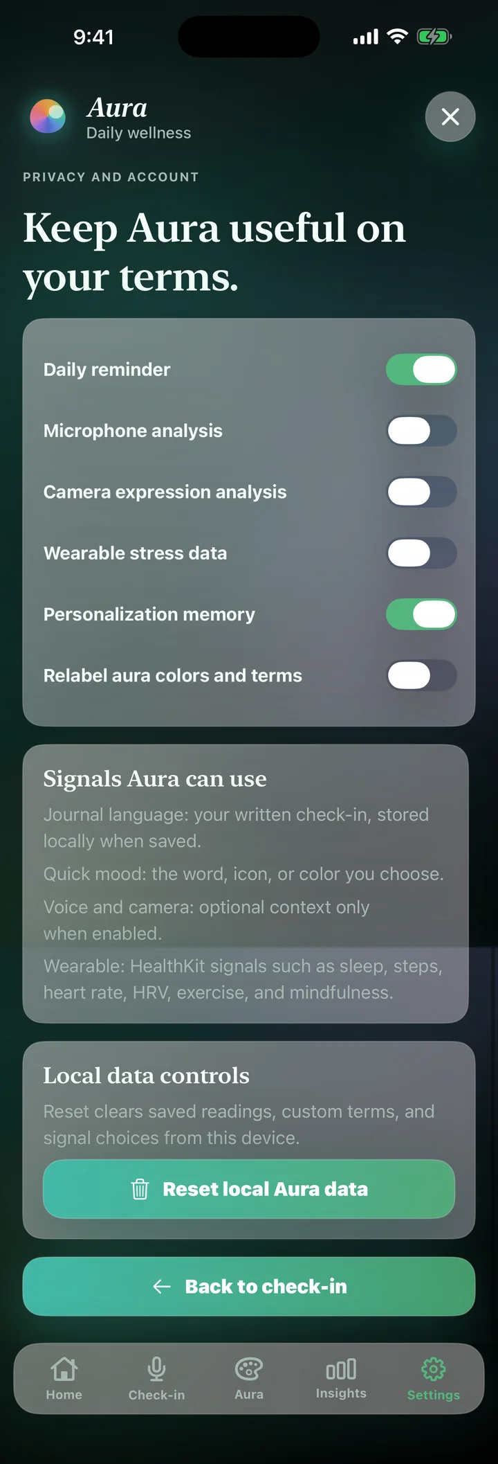 Aura iOS settings and local data controls