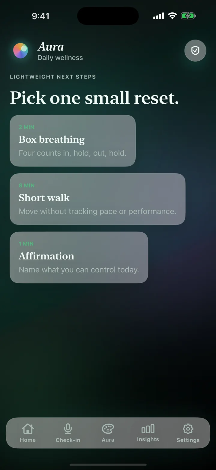 Aura suggestions screen on iOS