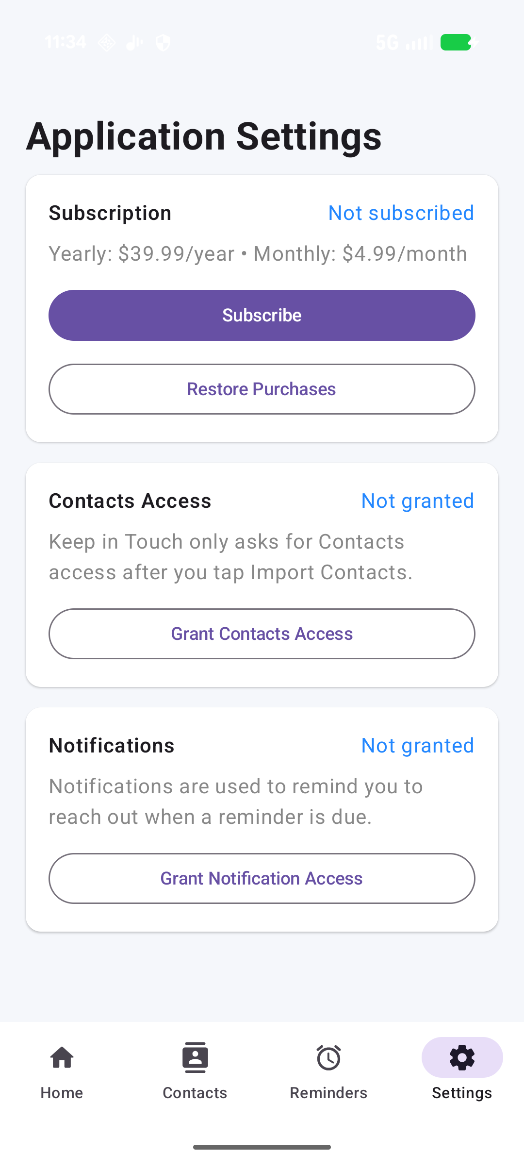 Keep in Touch Android settings screen