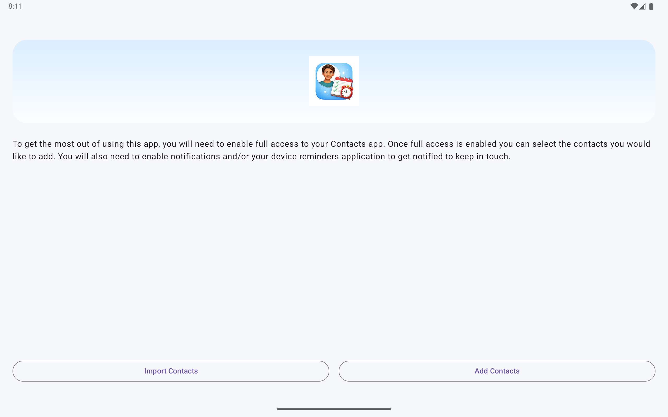 Keep in Touch Android tablet onboarding actions screen