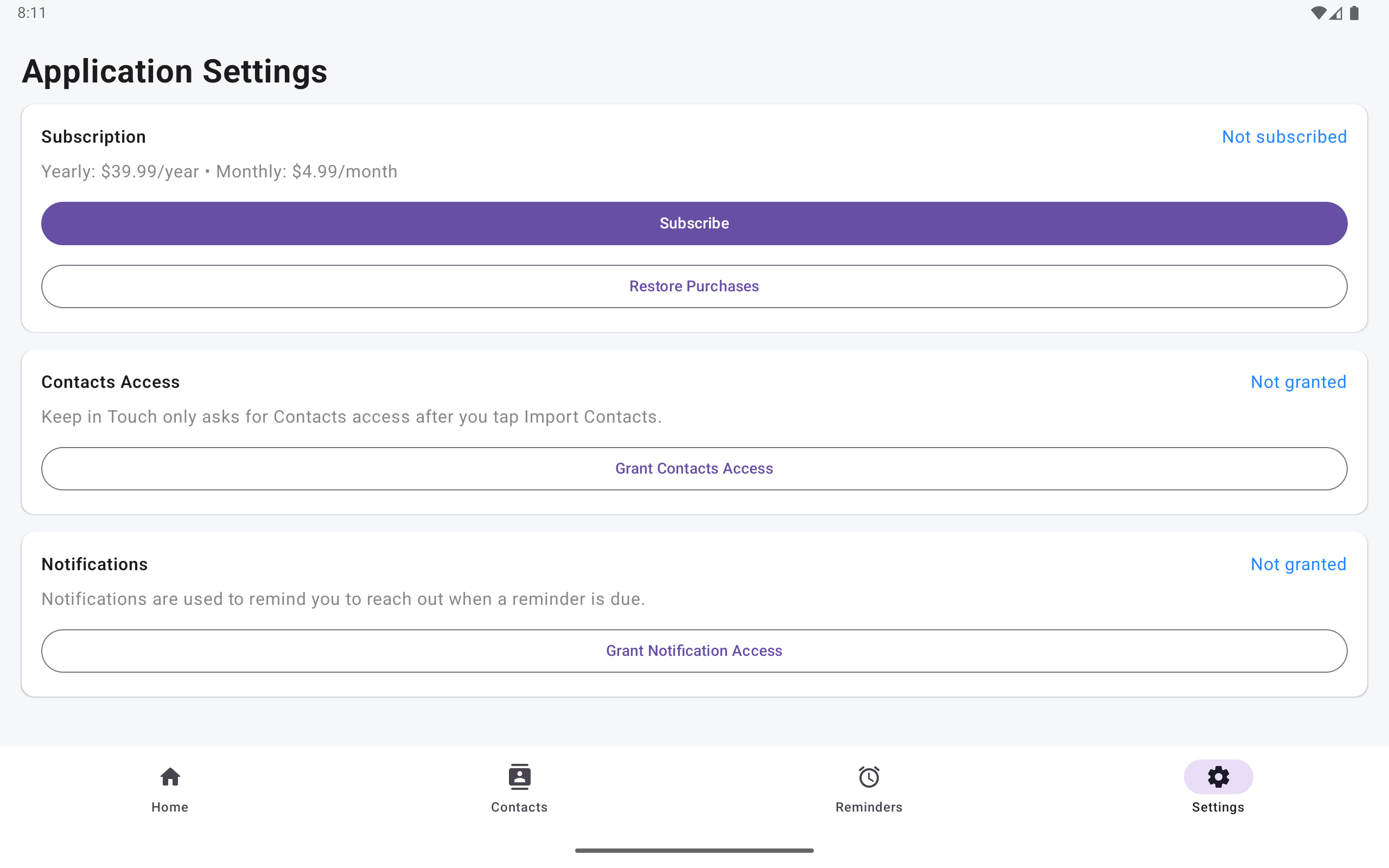 Keep in Touch Android tablet settings screen
