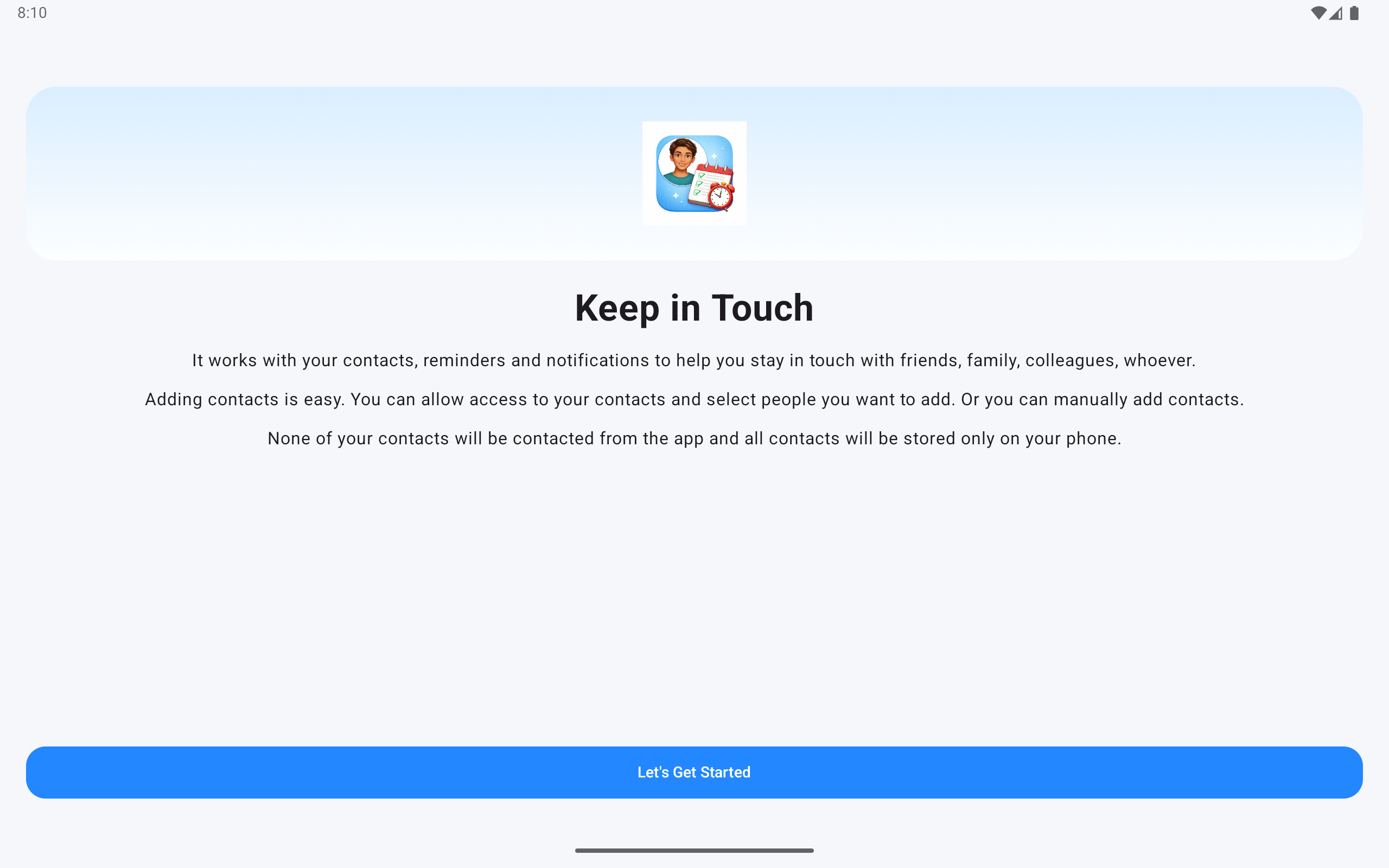 Keep in Touch Android tablet onboarding screen