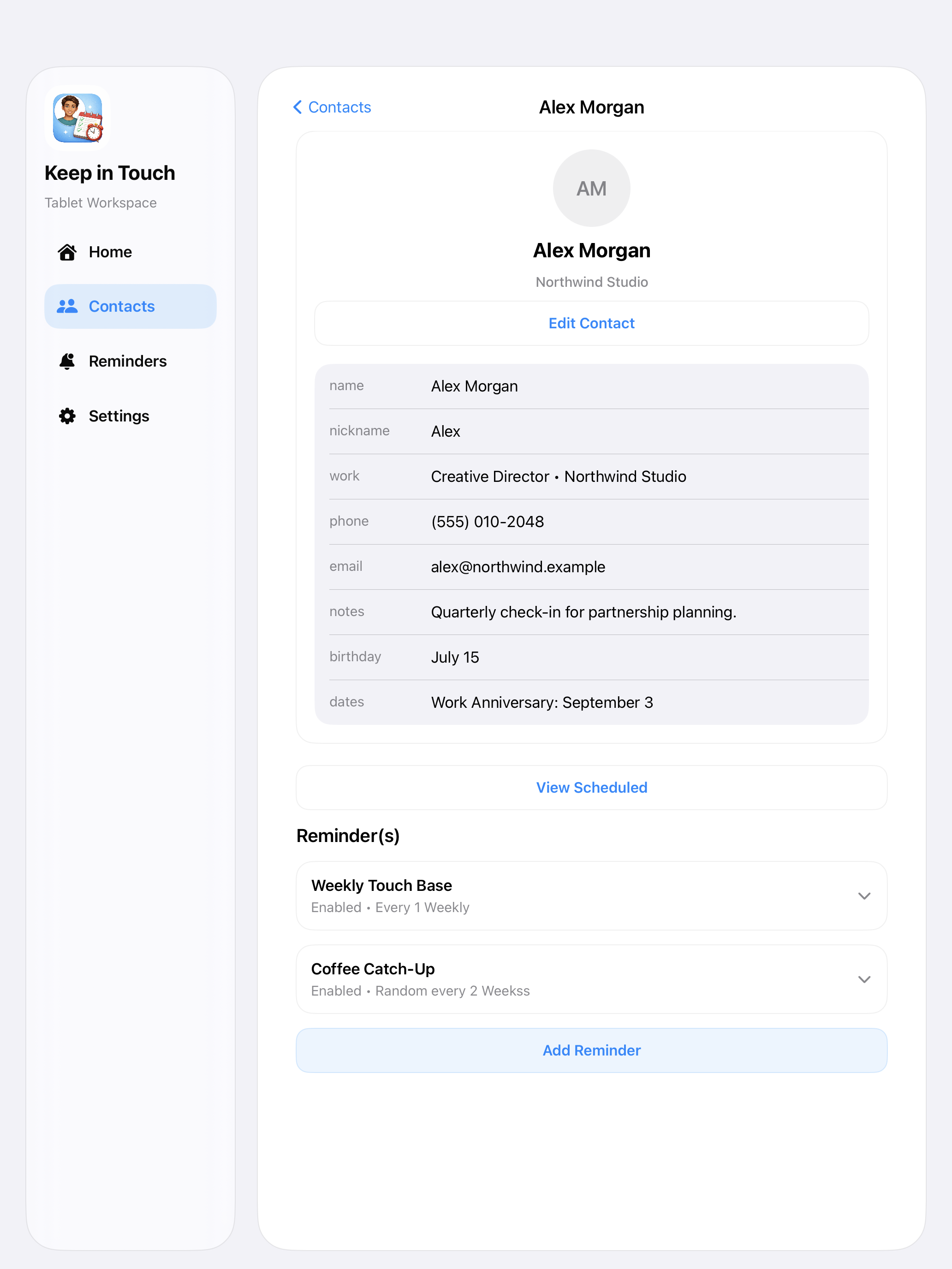 Keep in Touch iPad contacts screen