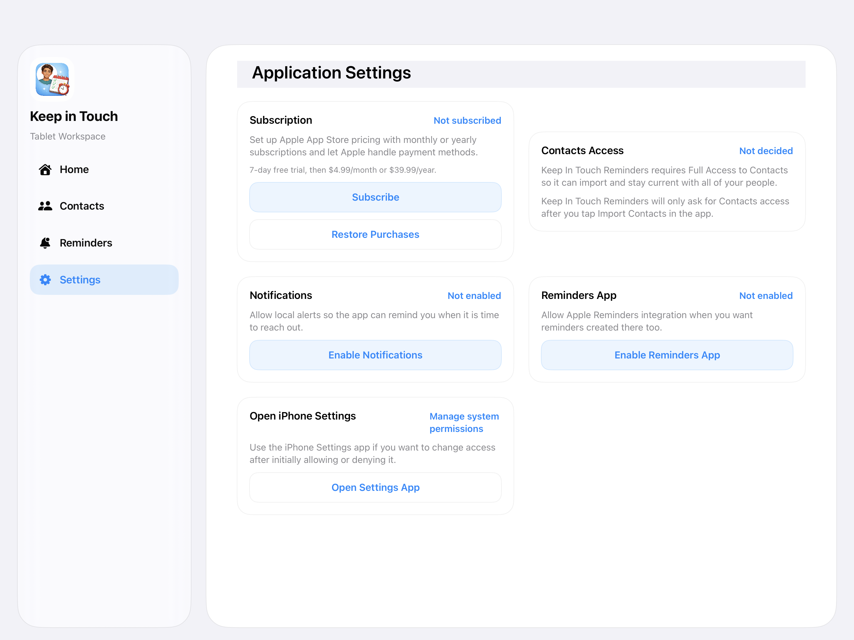 Keep in Touch iPad settings screen