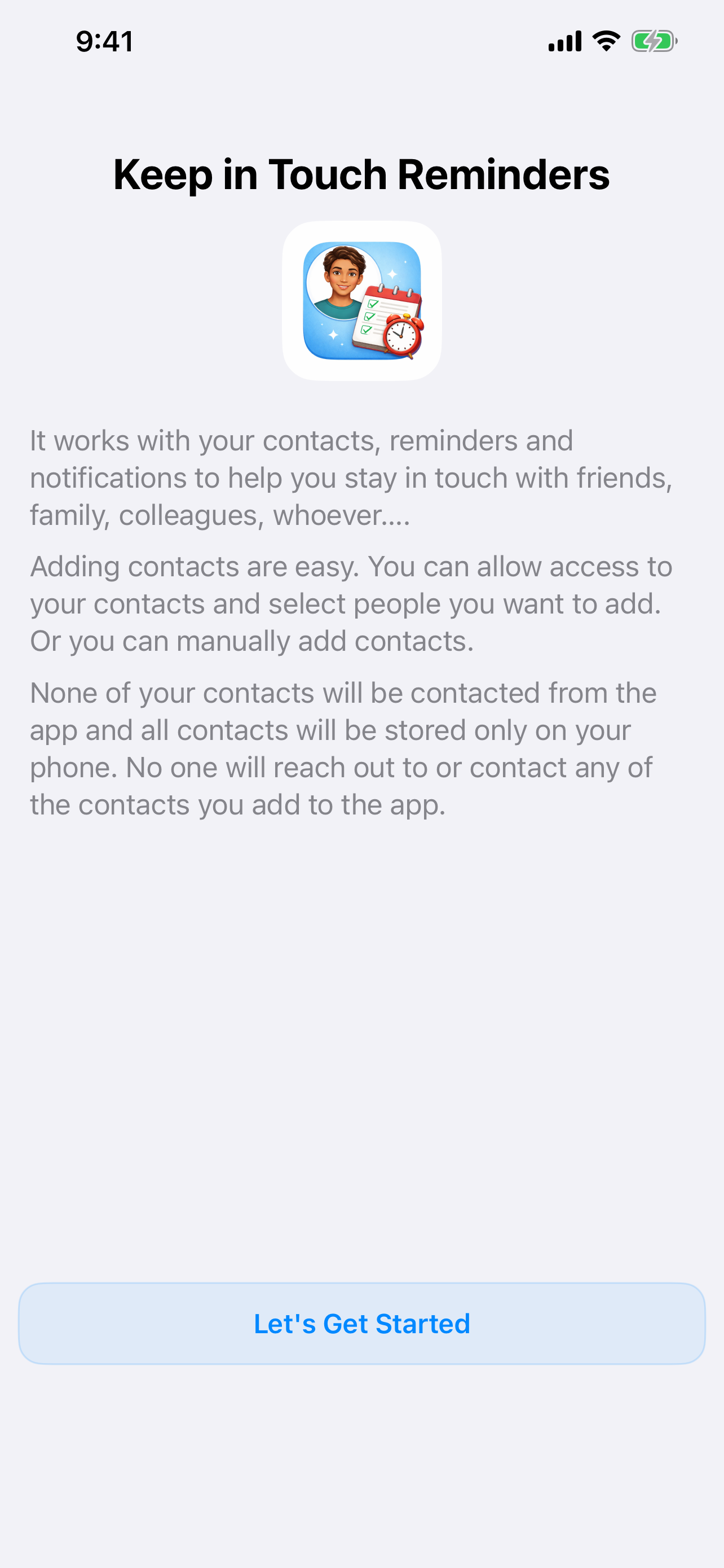 Keep in Touch iPhone onboarding screen