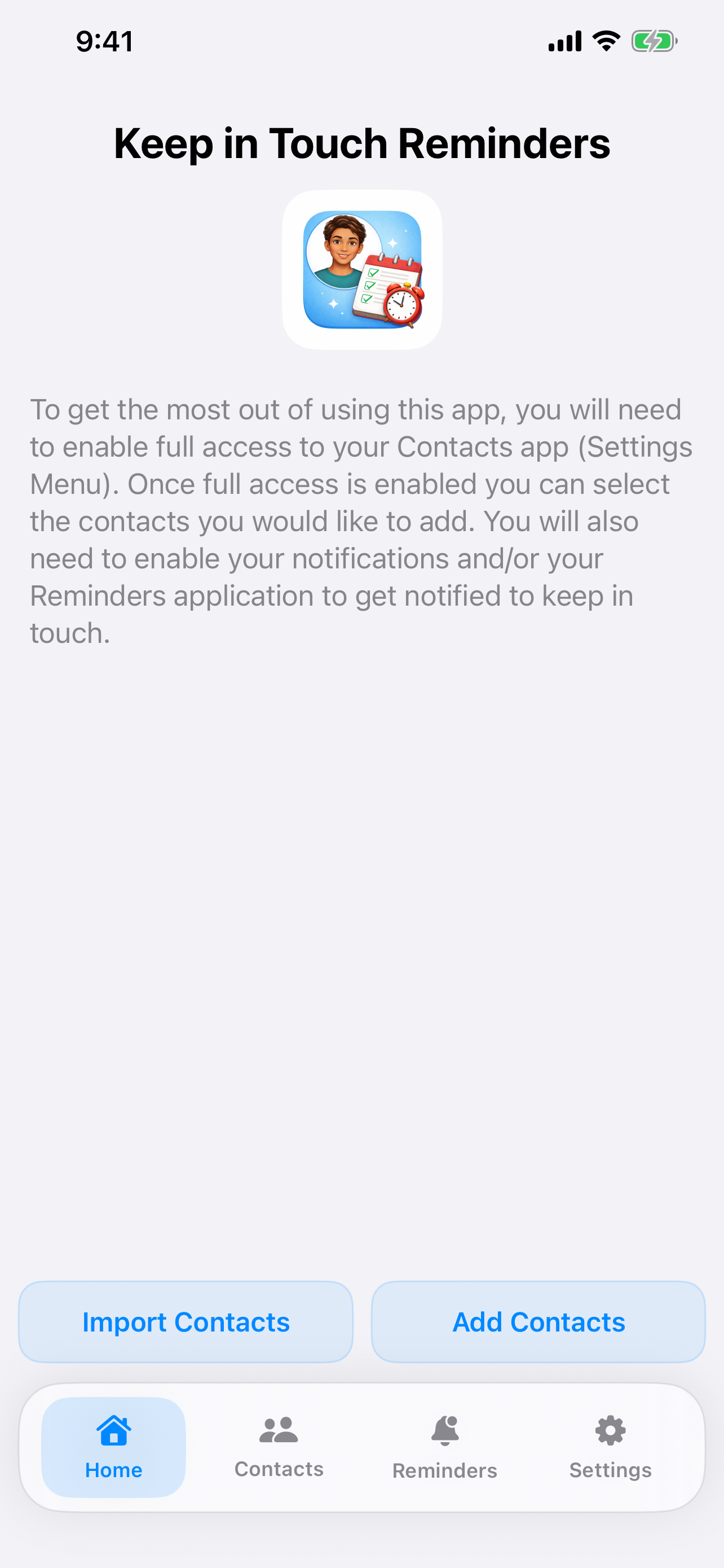 Keep in Touch iPhone onboarding actions screen