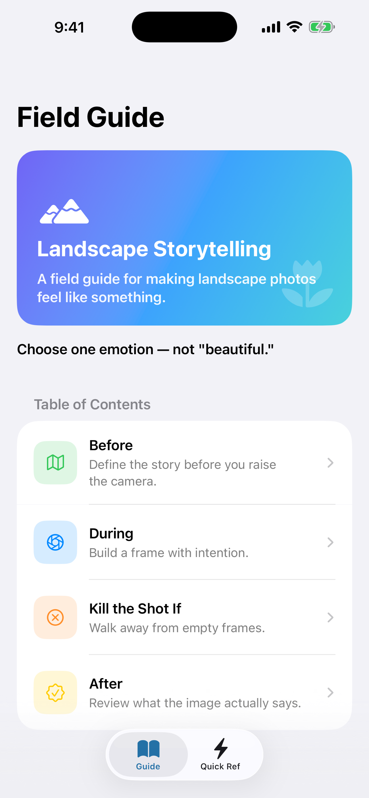 Landscape Story Guide quick reference screen