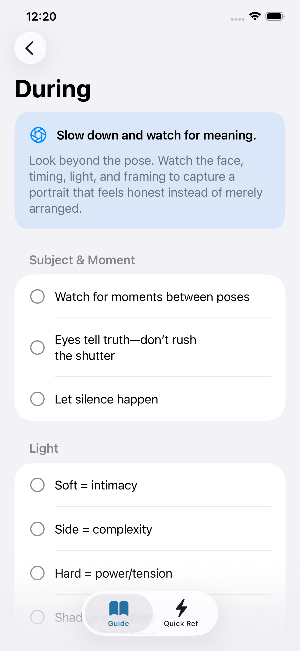 Portrait Storytelling Field Guide Quick Reference screen