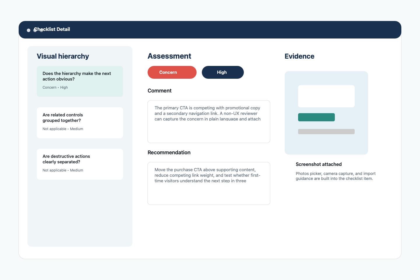 Checklist detail showing assessment status, severity, comments, recommendations, and screenshot evidence