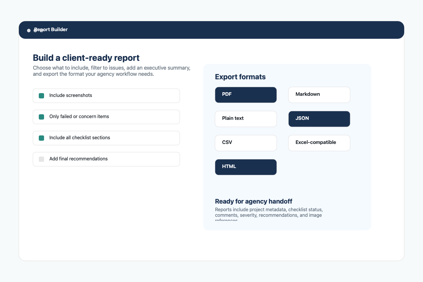 Report builder showing filters and export formats