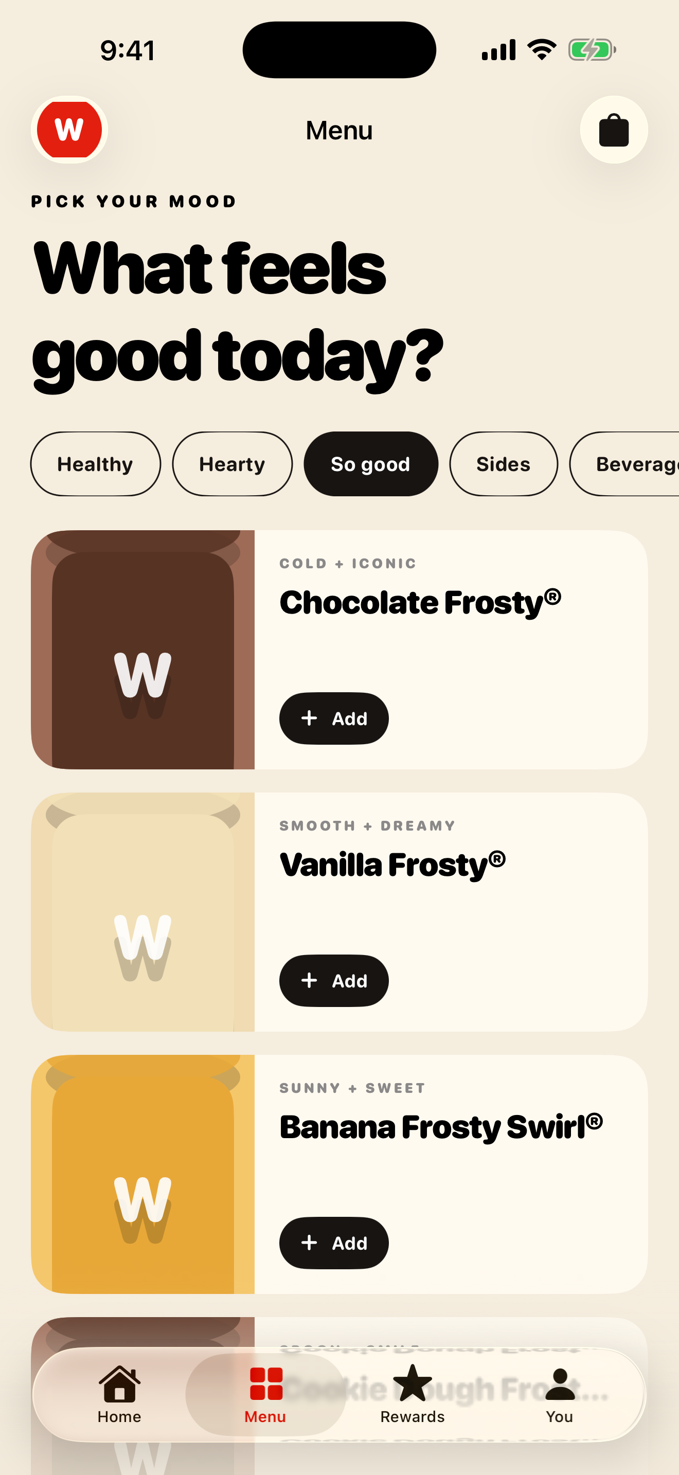 Wendy's app Frosty menu