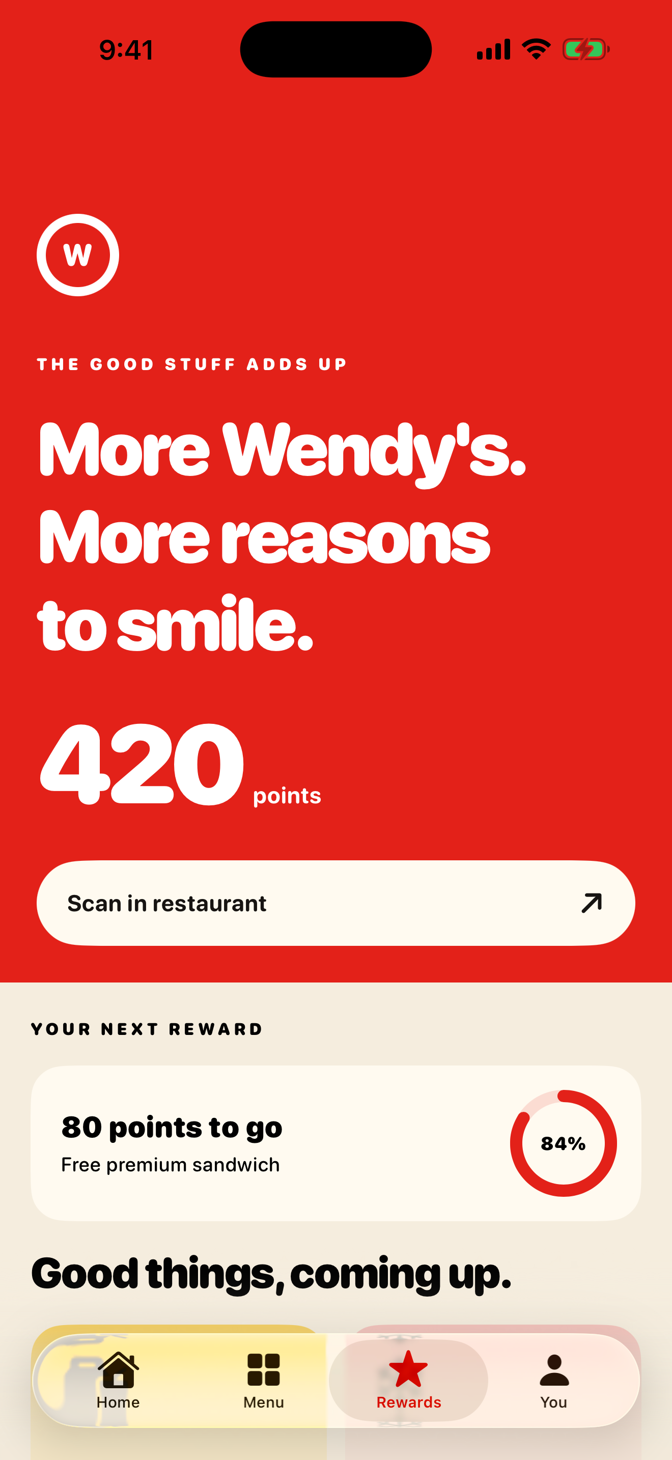 Wendy's app rewards screen