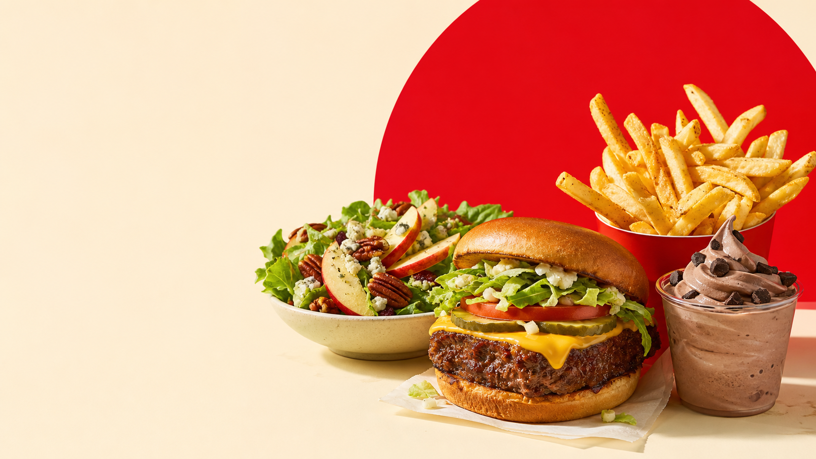 Burger, salad, fries and a chocolate Frosty