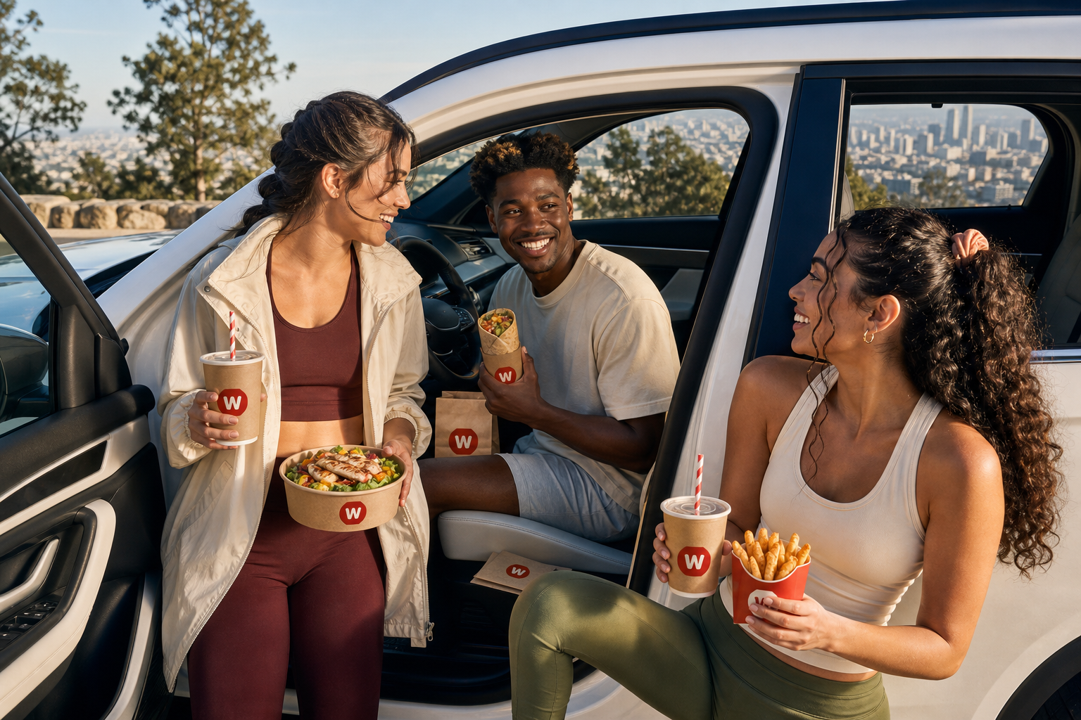 Friends enjoying a fresh meal beside a parked car