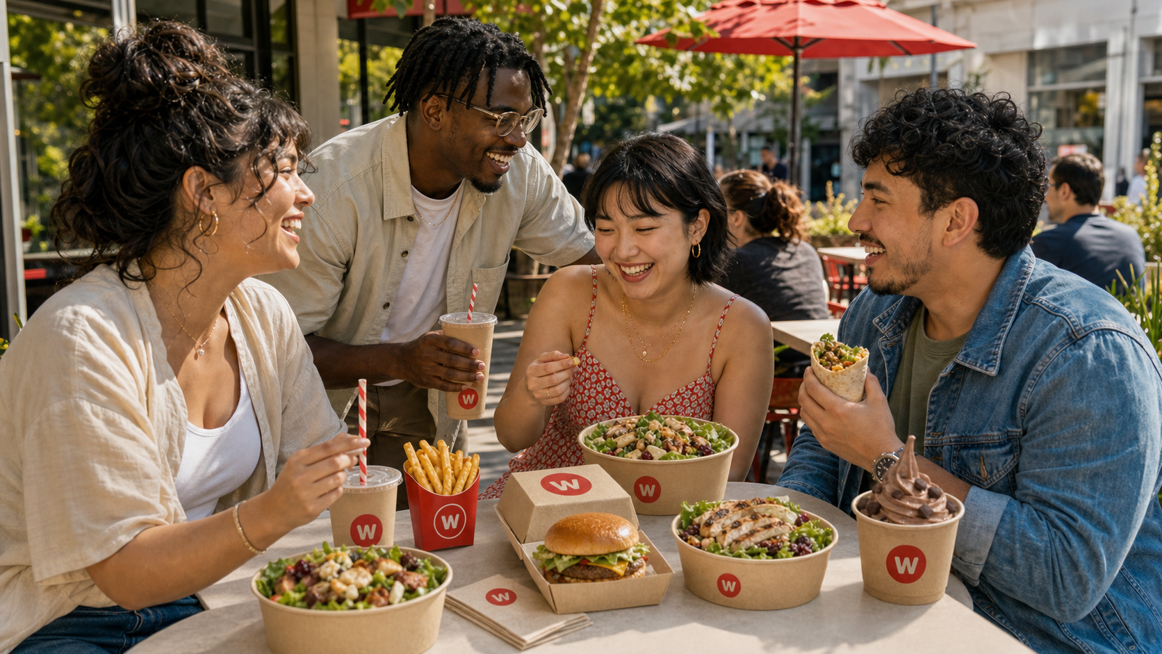 Friends with varied everyday body types sharing lunch on a restaurant patio