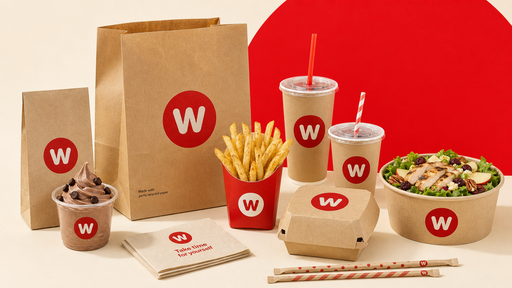 Wendy's branded bags, cups, fry holders, napkins, straws and food packaging