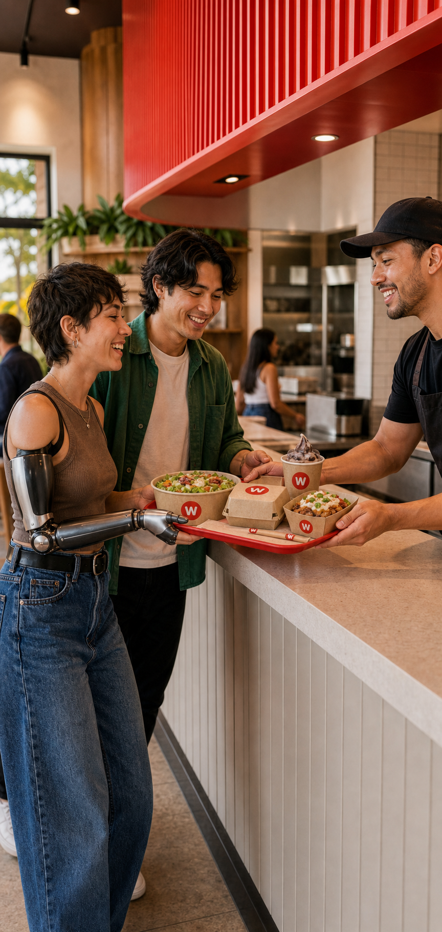 Friends receiving a fresh meal in a modern restaurant