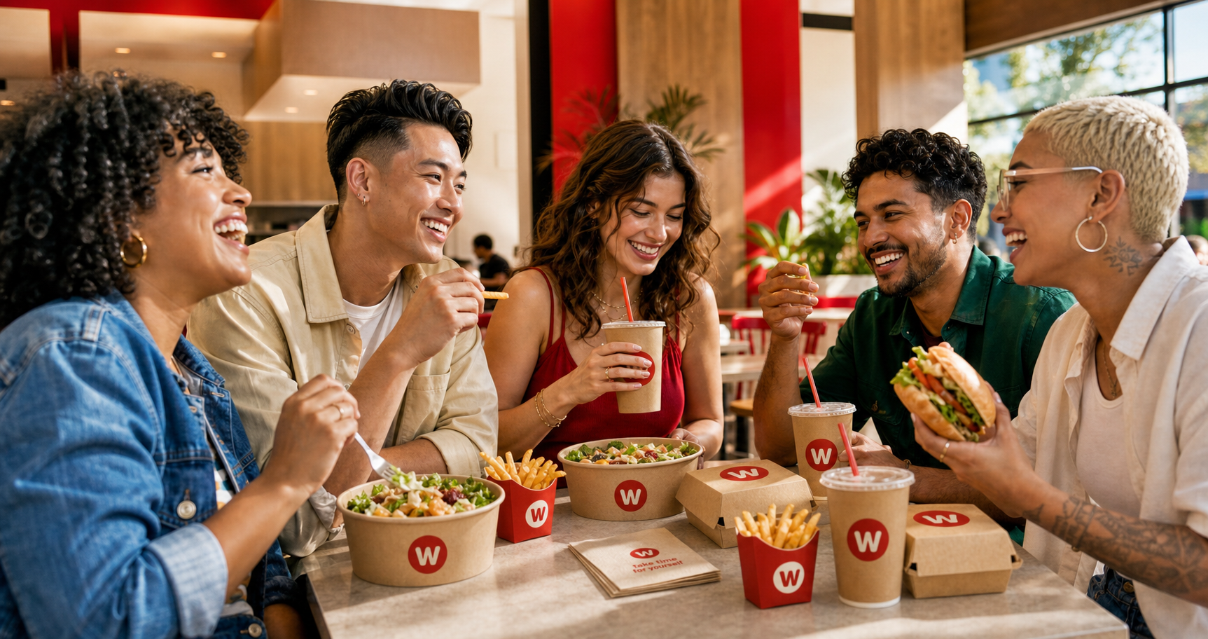 A diverse group of young friends enjoying Wendy's together