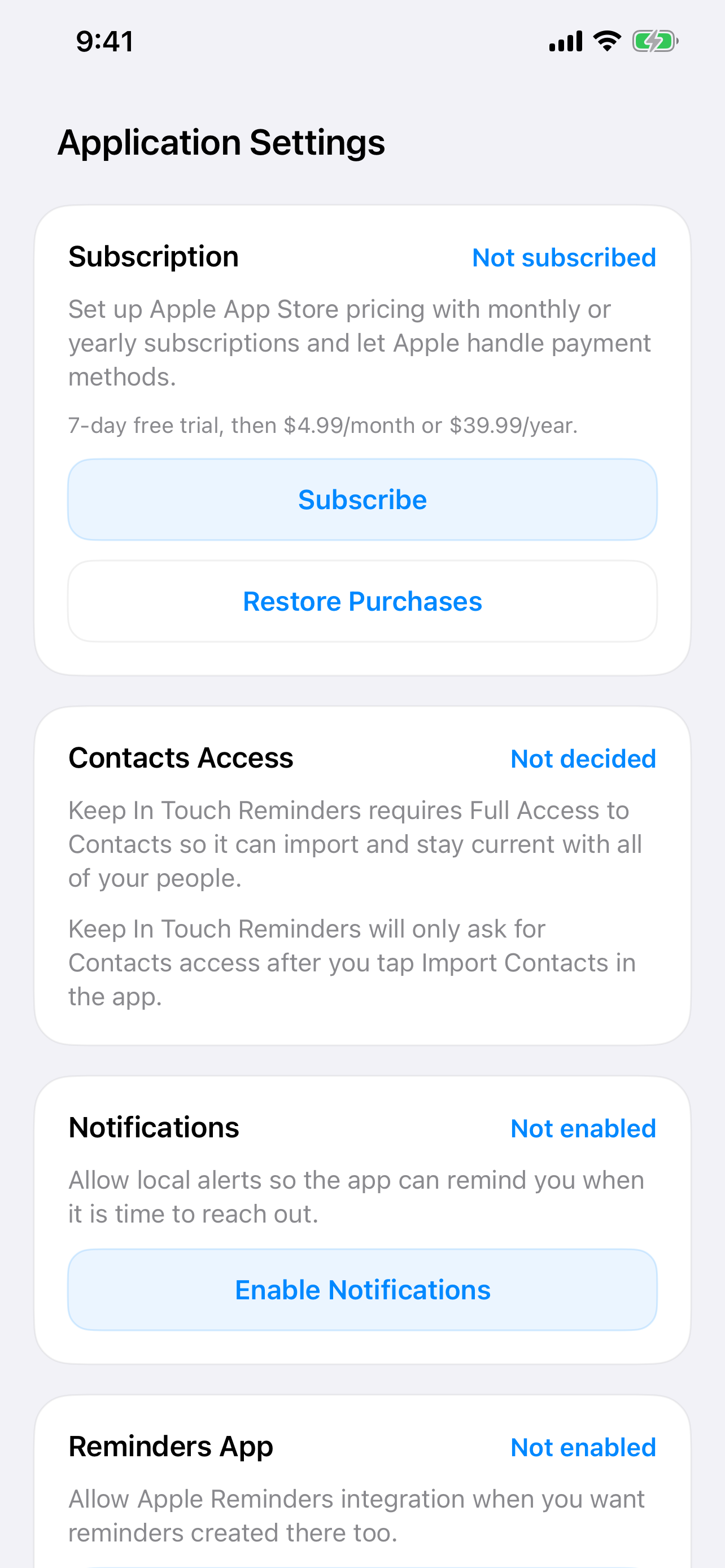 KeepInTouchReminders Settings screenshot