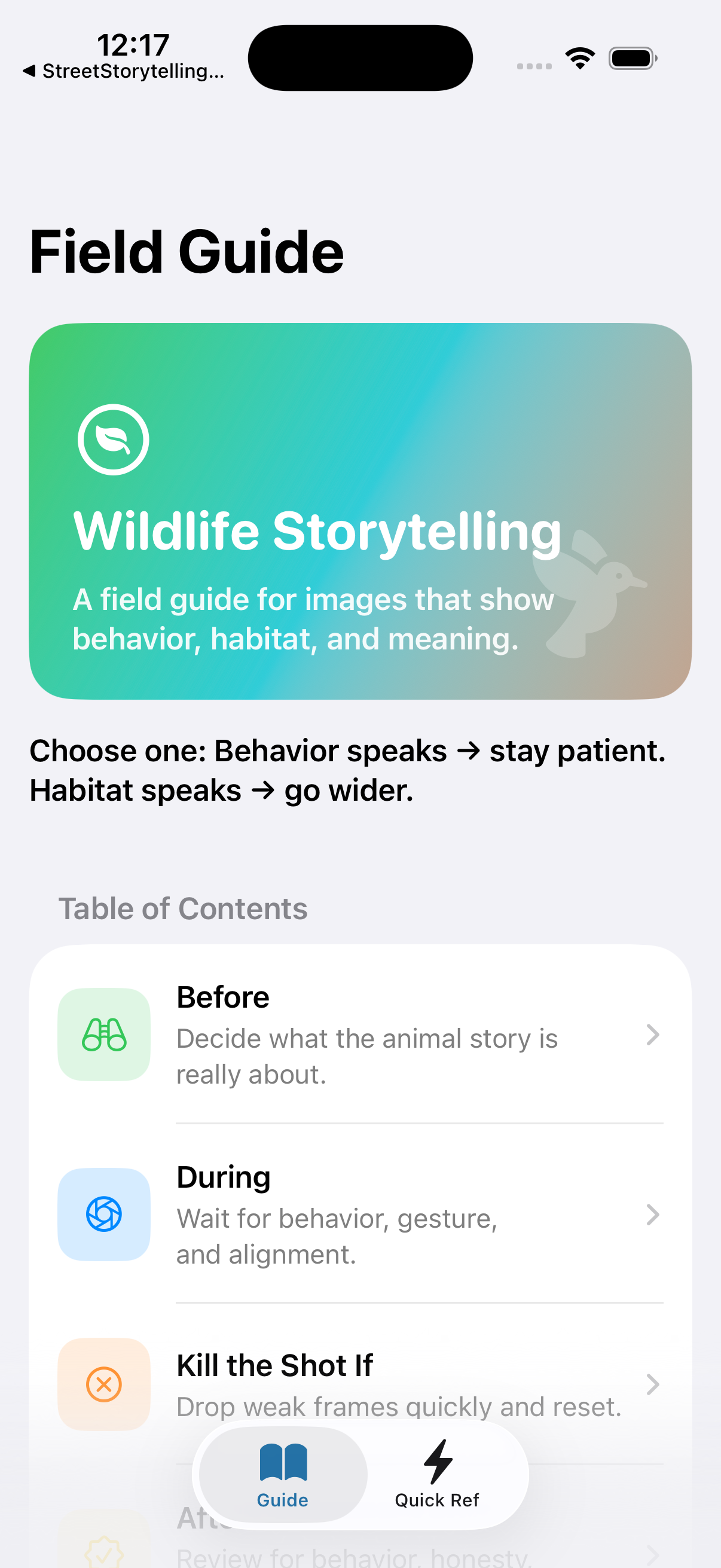 WildlifeStorytellingFieldGuide Home screenshot