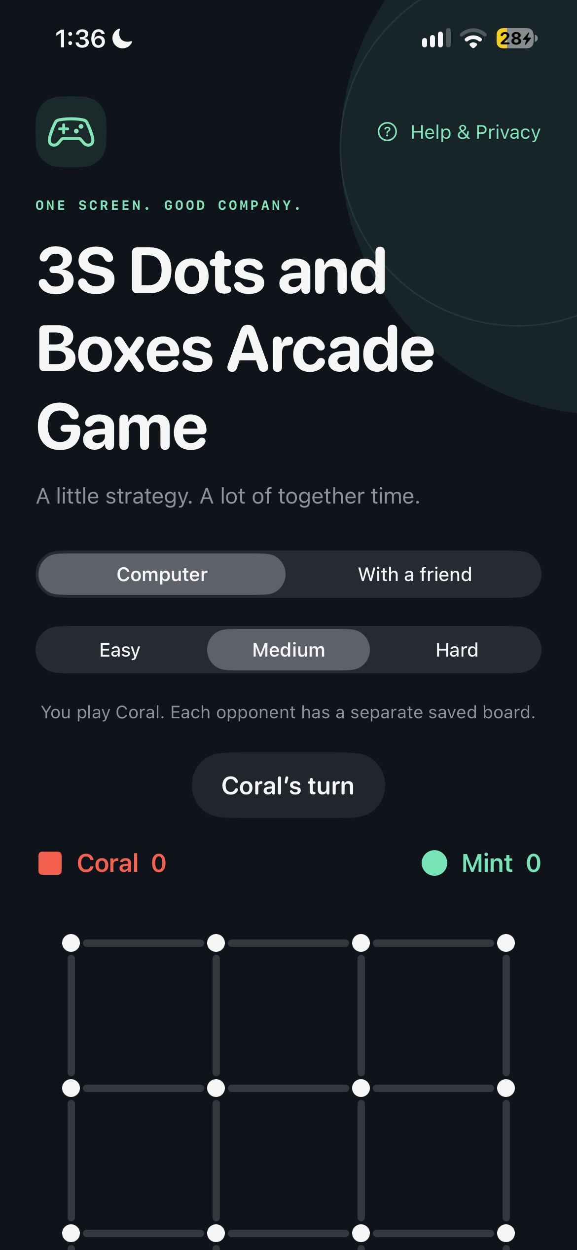 3S Dots and Boxes Arcade Game showing a game board.