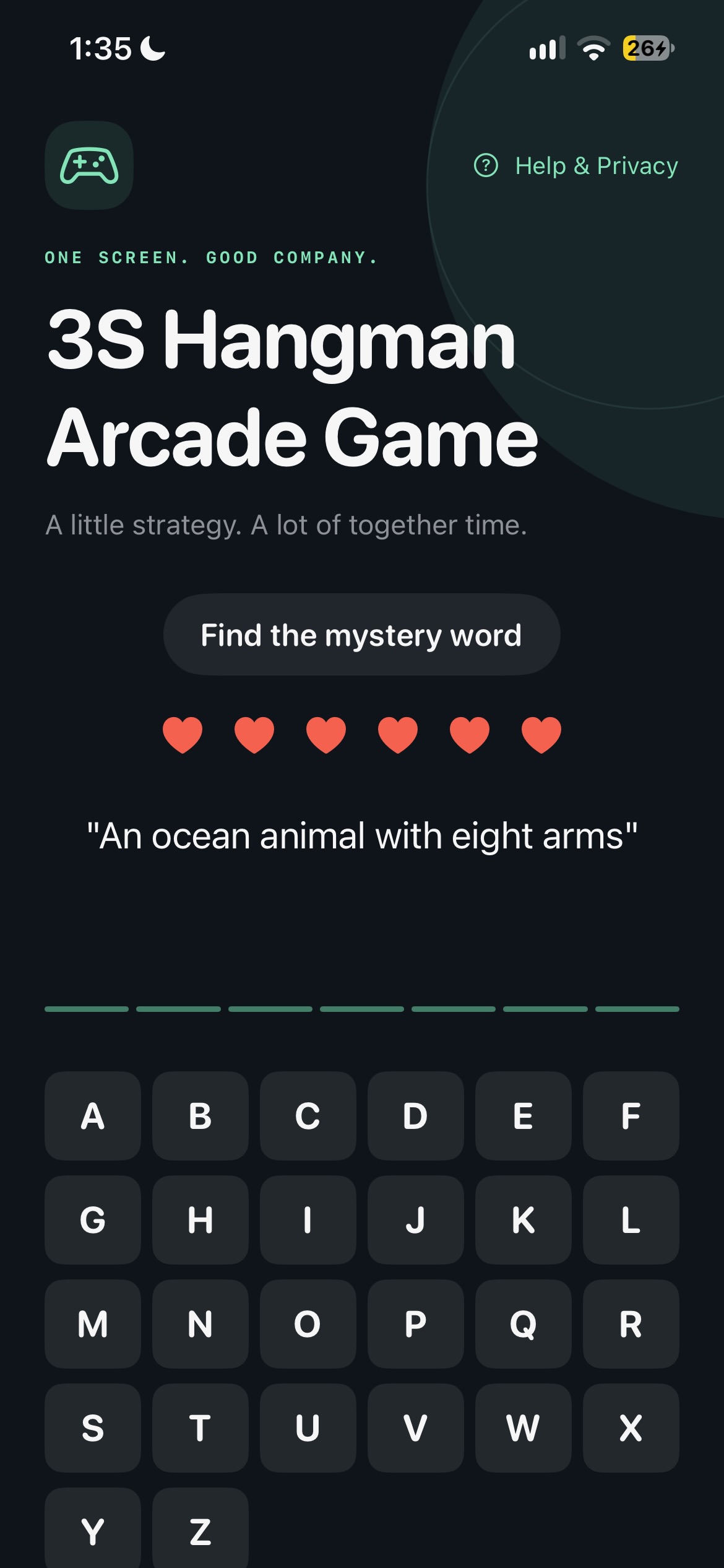 3S Hangman Arcade Game showing a word puzzle.