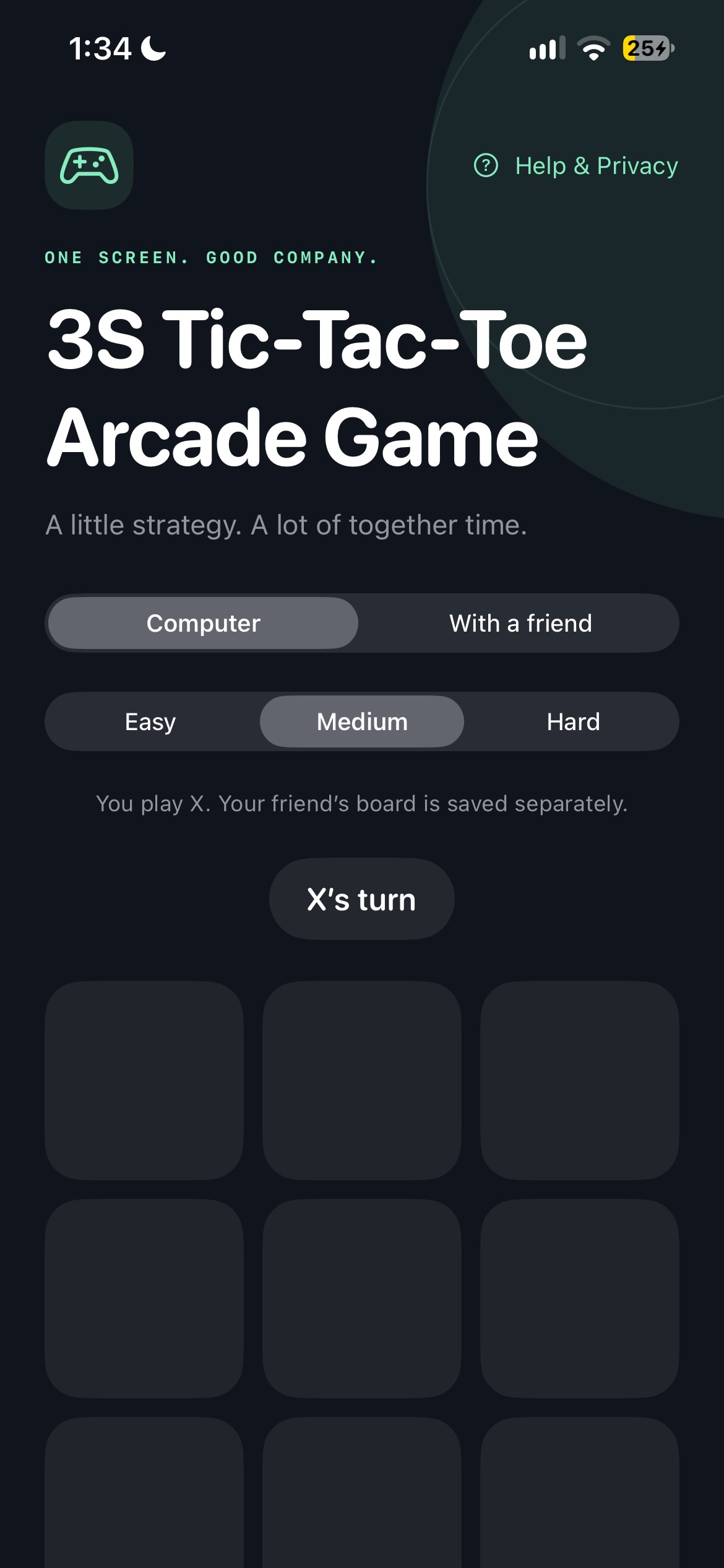 3S Tic-Tac-Toe Arcade Game showing a colorful game board.
