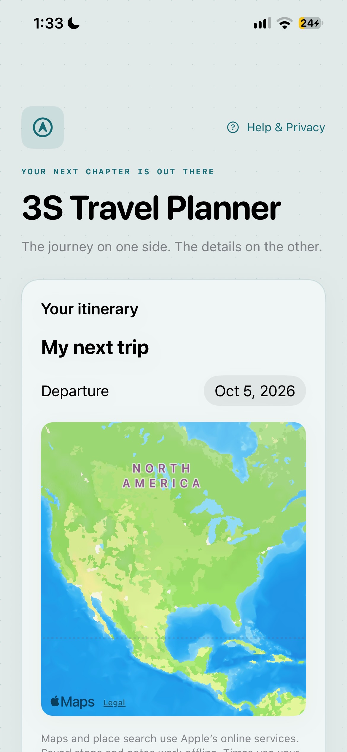 3S Travel Planner showing a trip-planning screen.