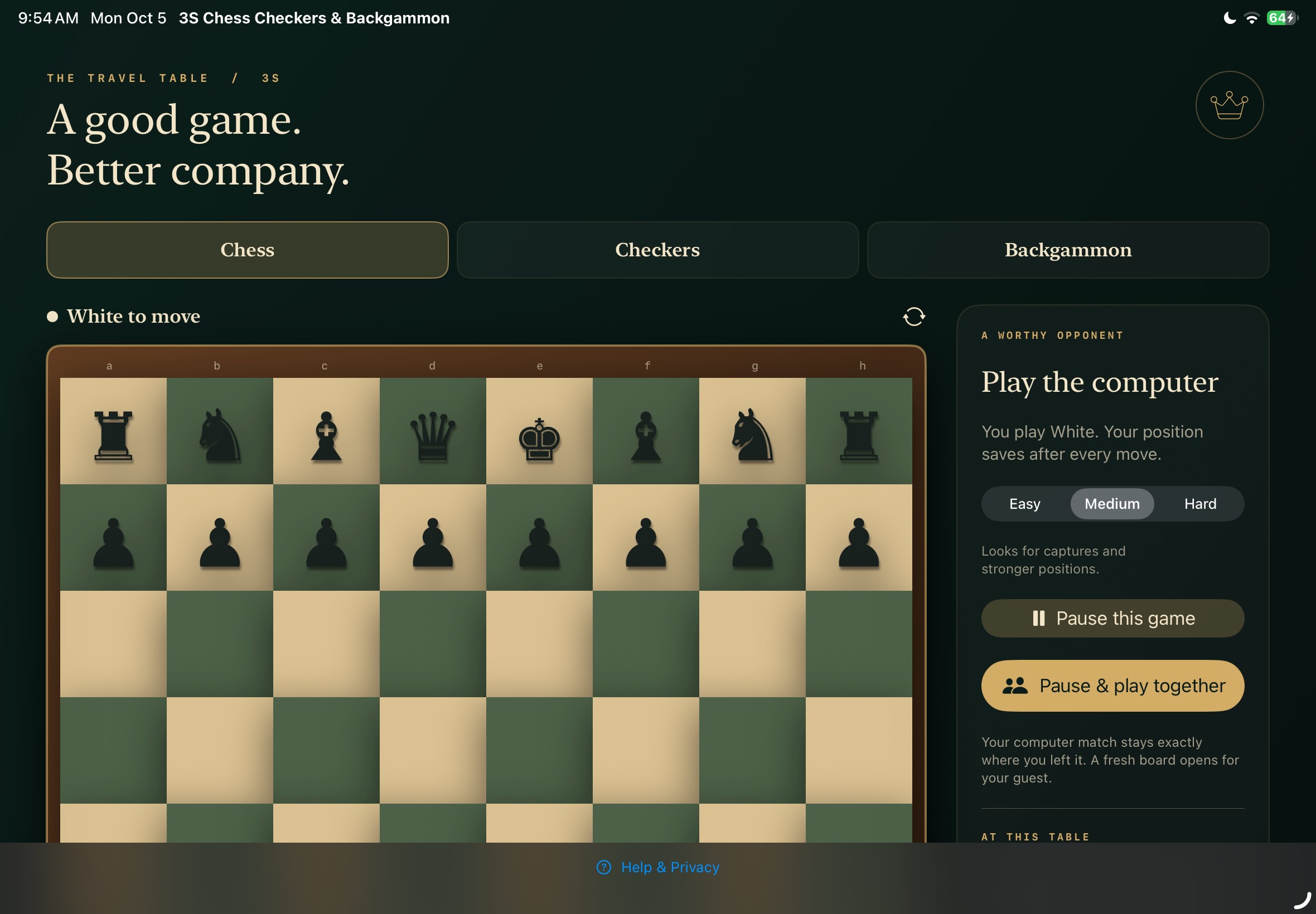 3S Chess, Checkers and Backgammon shown in the iPad simulator.