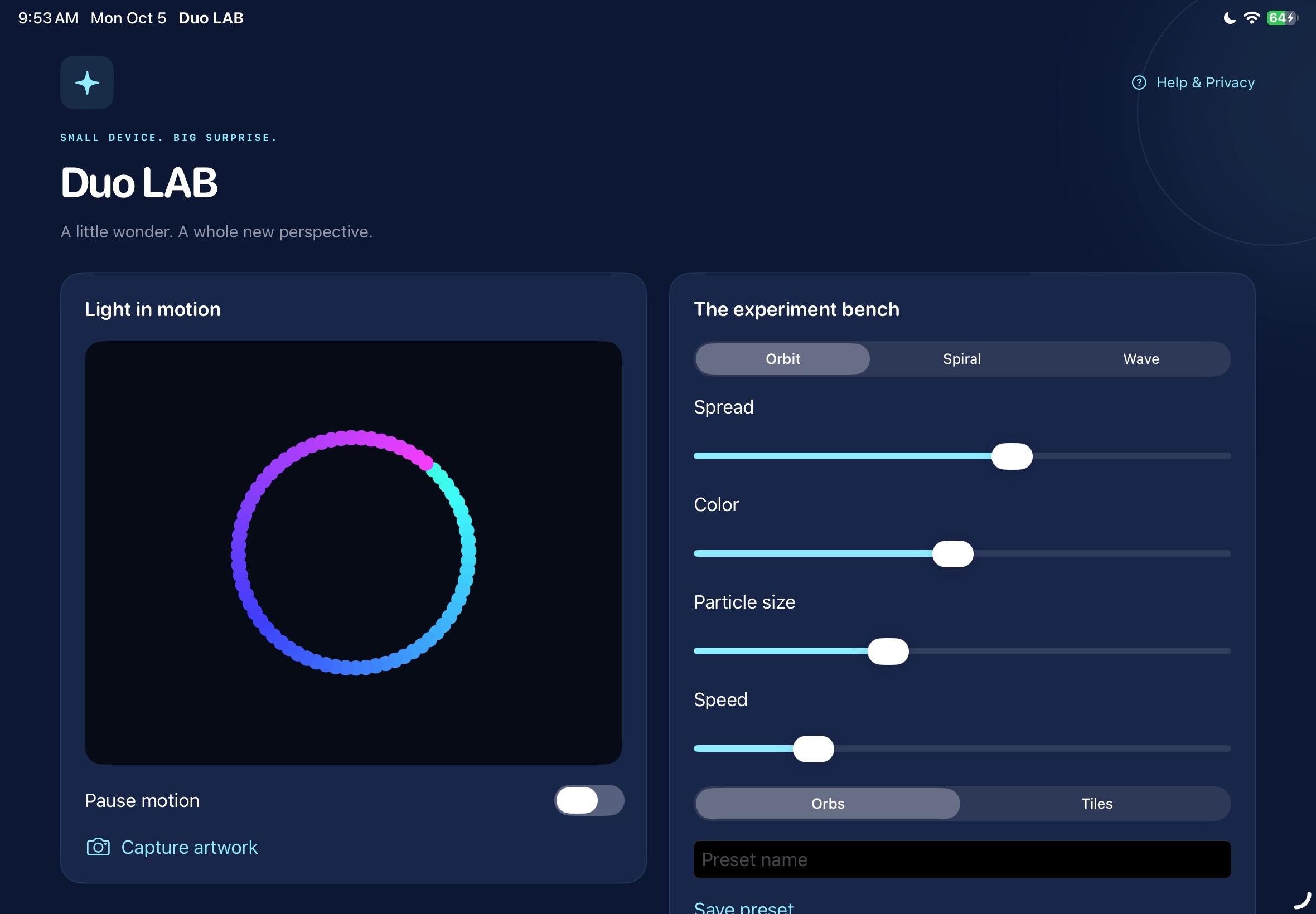 Duo LAB light-in-motion controls shown in the iPad simulator.