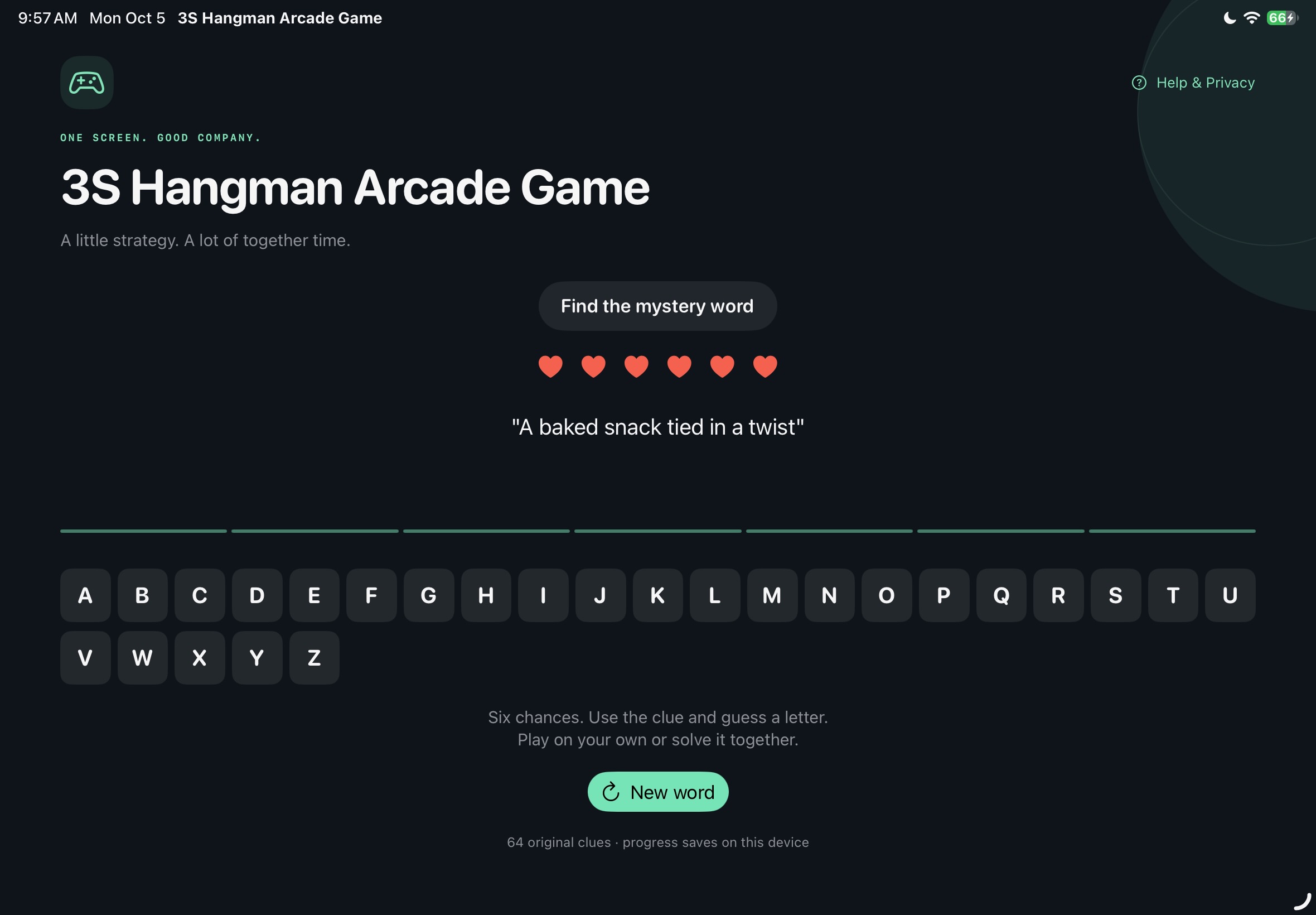 3S Hangman Arcade Game shown in the iPad simulator.