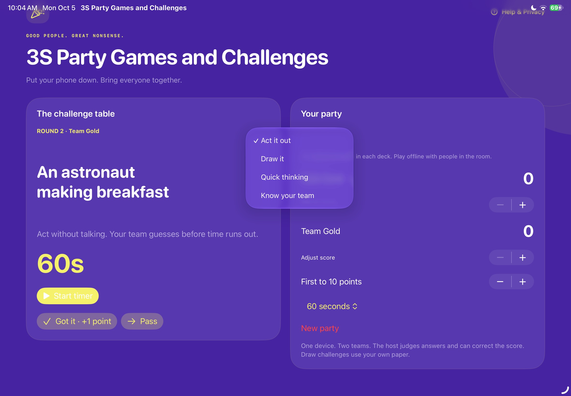 3S Party Games and Challenges shown in the iPad simulator.