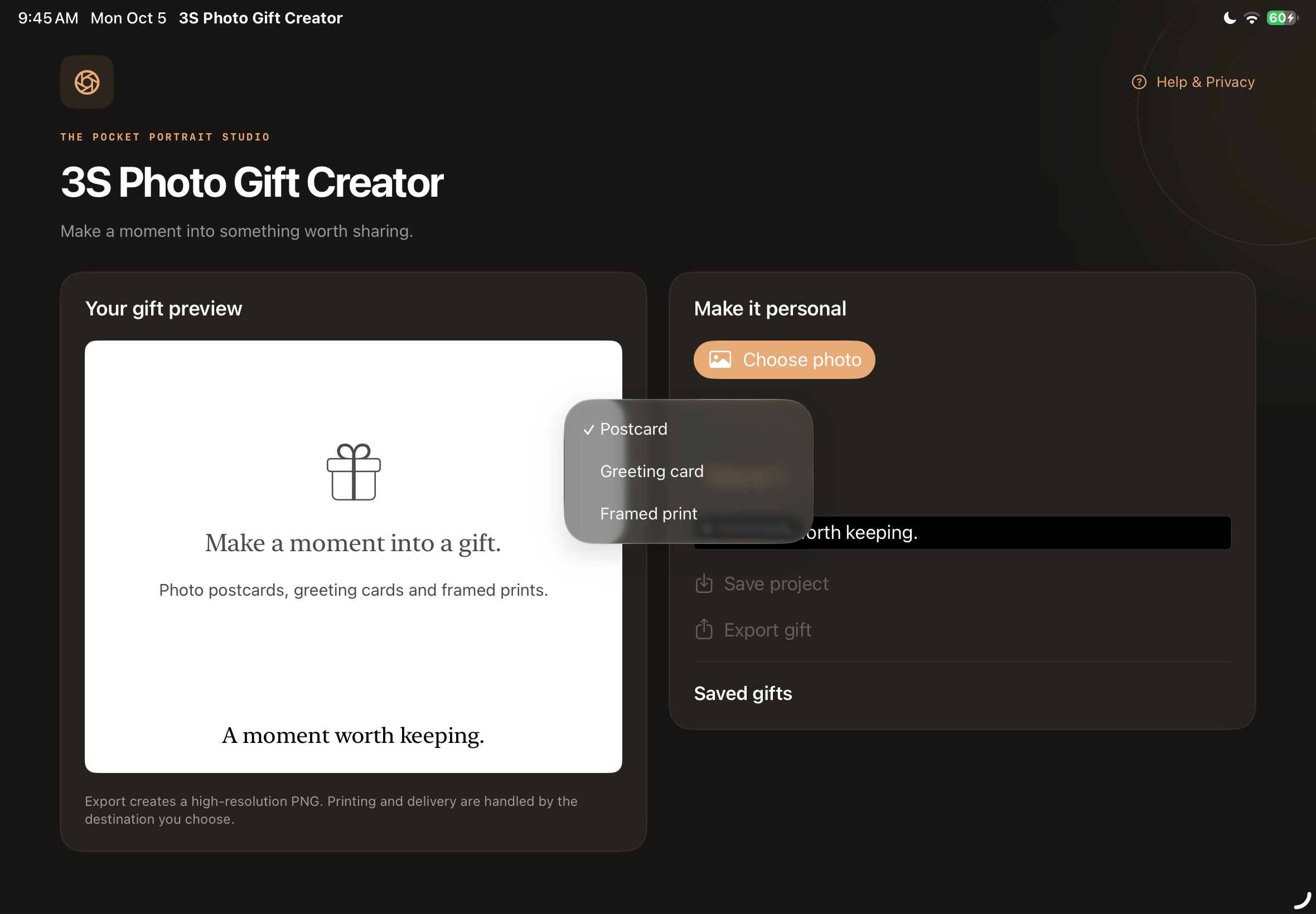 3S Photo Gift Creator shown in the iPad simulator.