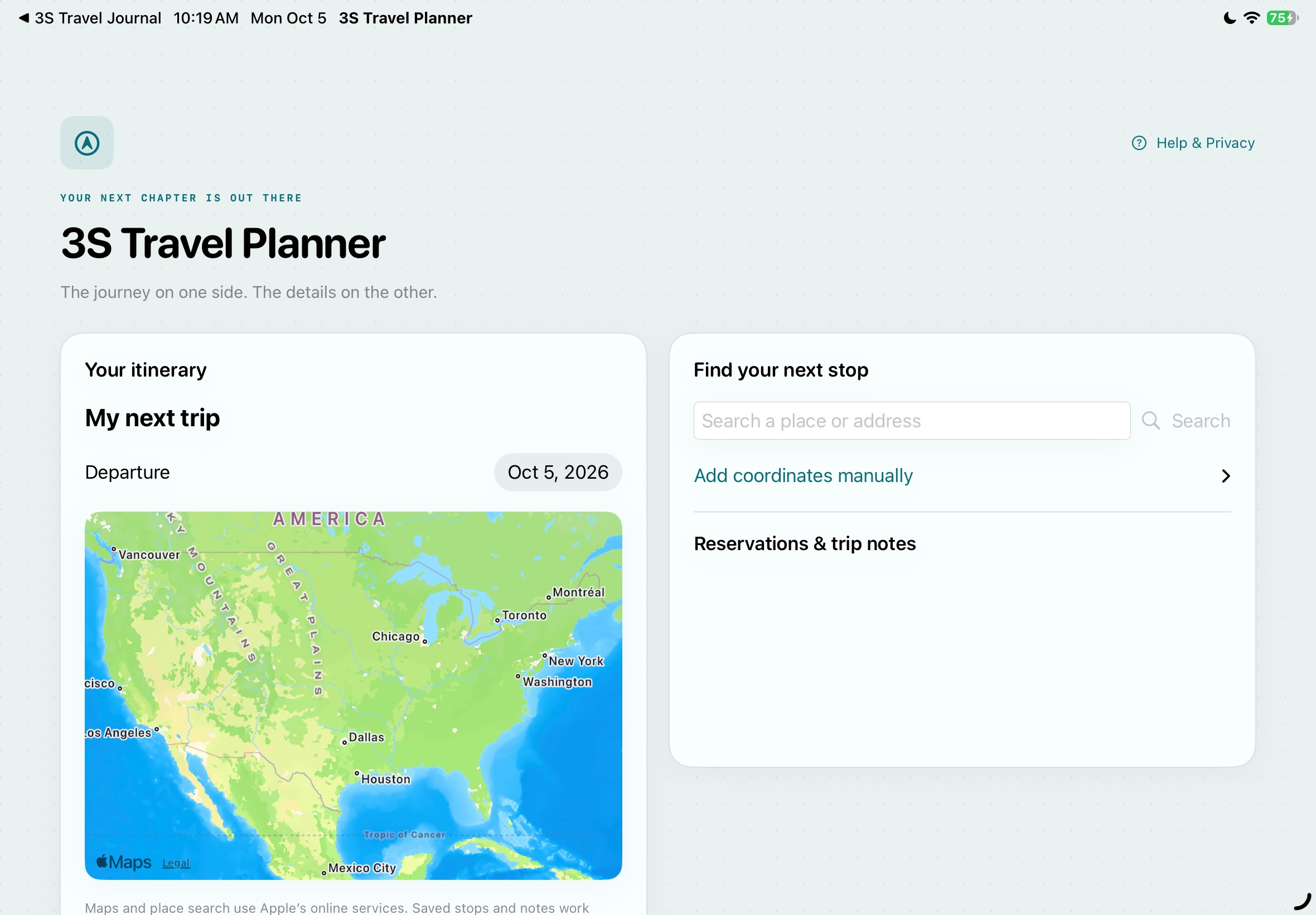 3S Travel Planner shown in the iPad simulator.