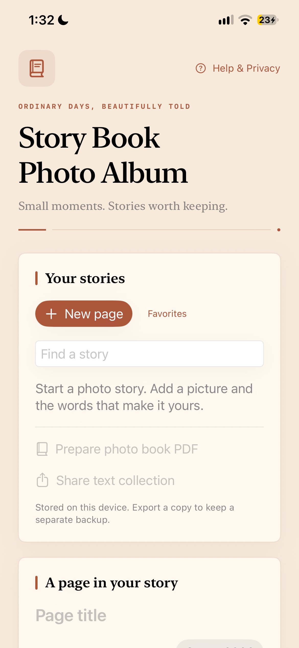 Story Book Photo Album showing a photo-story interface.