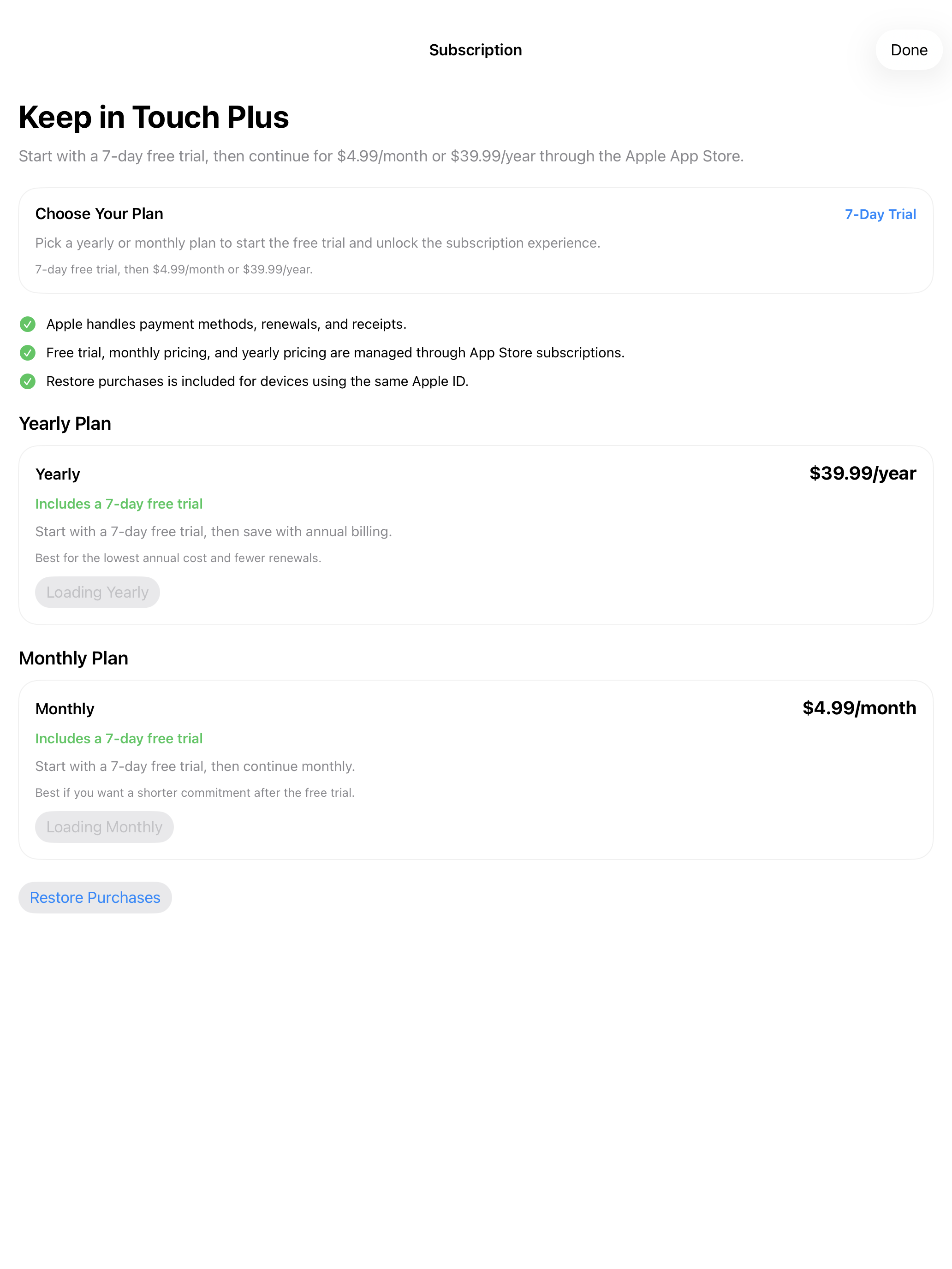 Keep in Touch iPad subscription screen